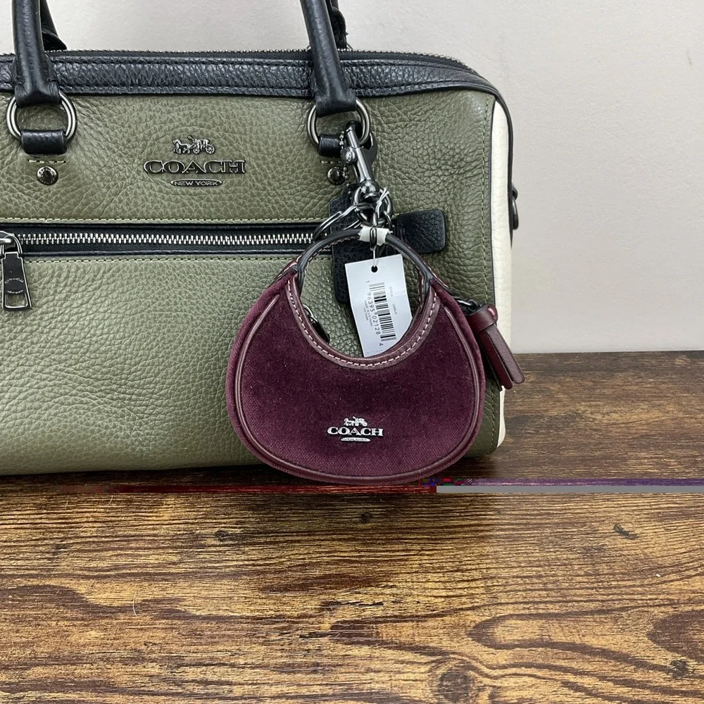 New Coach Mini Carmen Bag Charm Keychain Burgundy Velvet Leather Gunmetal CCF19